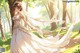 A woman in a wedding dress walking through a forest.