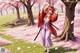 A woman in traditional attire stands amidst cherry blossoms, holding a sword.